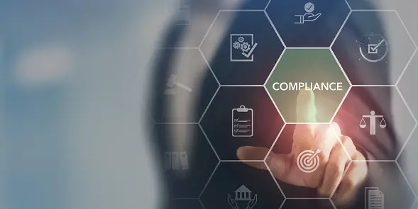 Compliance image with blurred effect and person touching the title.