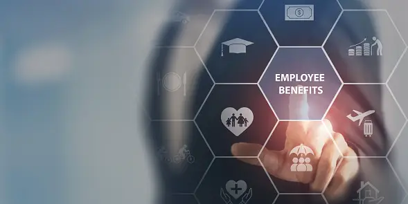 Person reaching employee benefits button on an invisible screen.